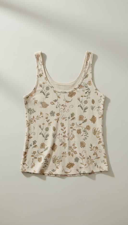 Women's organic cotton botanical print tank top, perfectly centered horizontally and vertically with equal negative space...