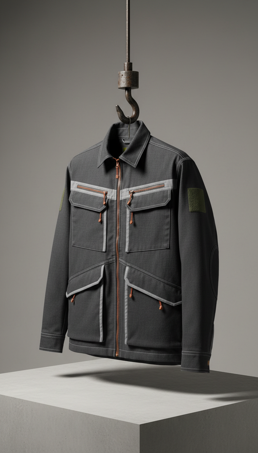 Signal Utility Shirt, Single product showcased at 3/4 angle on matte concrete plinth or suspended from an industrial hook...