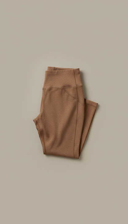 A product shot featuring earthy taupe yoga leggings, captured at a 3/4 angle to emphasize the texture and fit. The...
