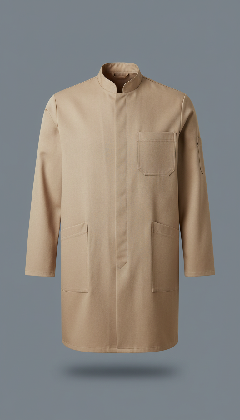 A perfectly centered, straight-on shot of a Beige unisex laboratory coat designed for food industry professionals. The...