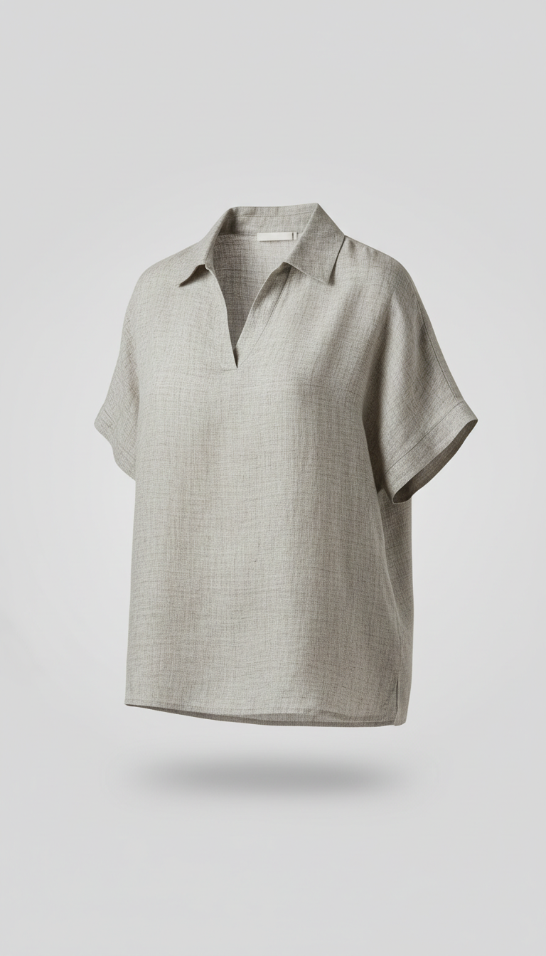 Refined Linen Top, use a simple 3/4 angle to highlight the garment's cut and fabric. Ensure the product is centered within...