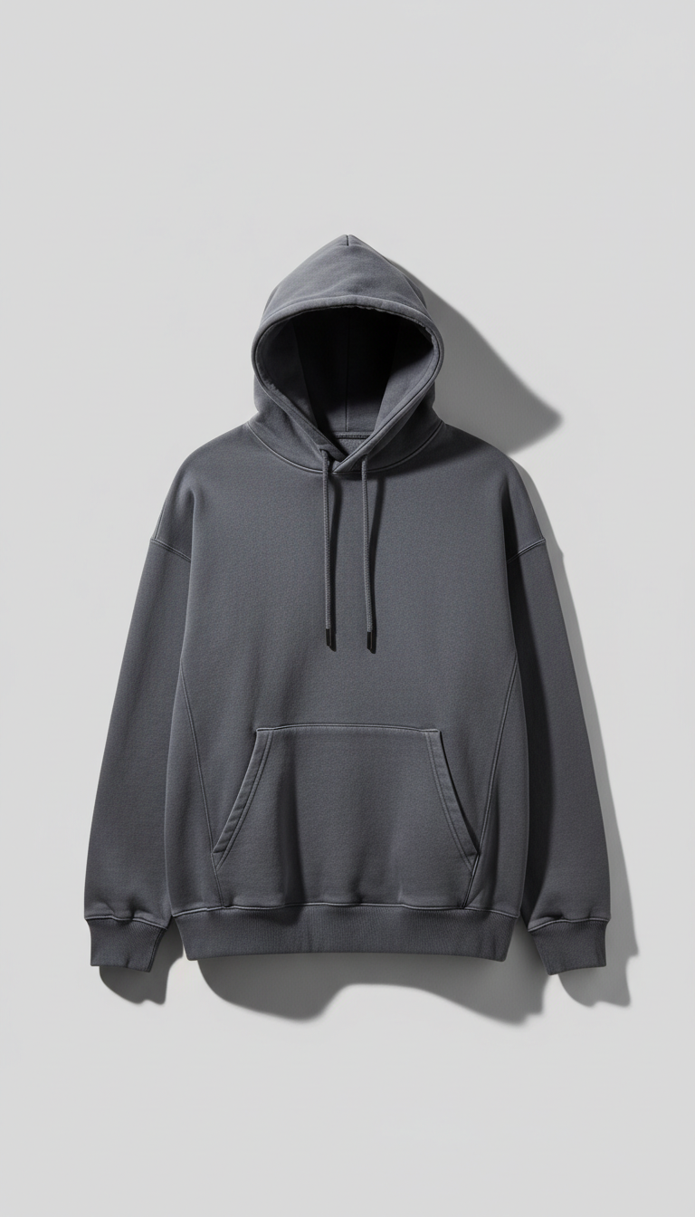 Sophisticated streetwear hoodie, centered on a clean Soft Grey background. The lighting is soft and even, accentuating the...