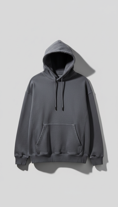 Sophisticated streetwear hoodie, centered on a clean Soft Grey background. The lighting is soft and even, accentuating the...
