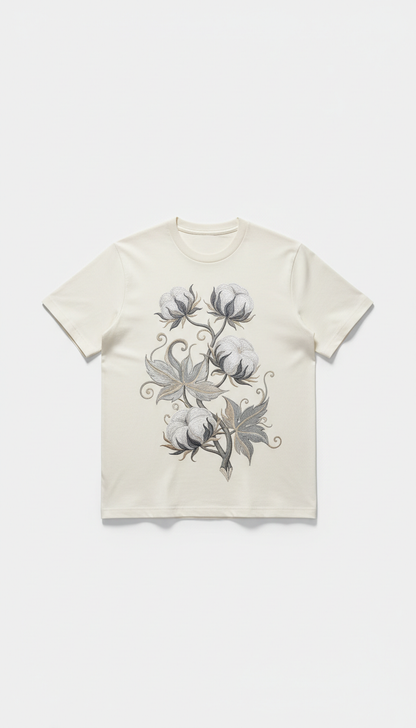 Capture a customized Cotton Elegance graphic tee, providing a clear focus. The setup should be minimalistic with a soft...