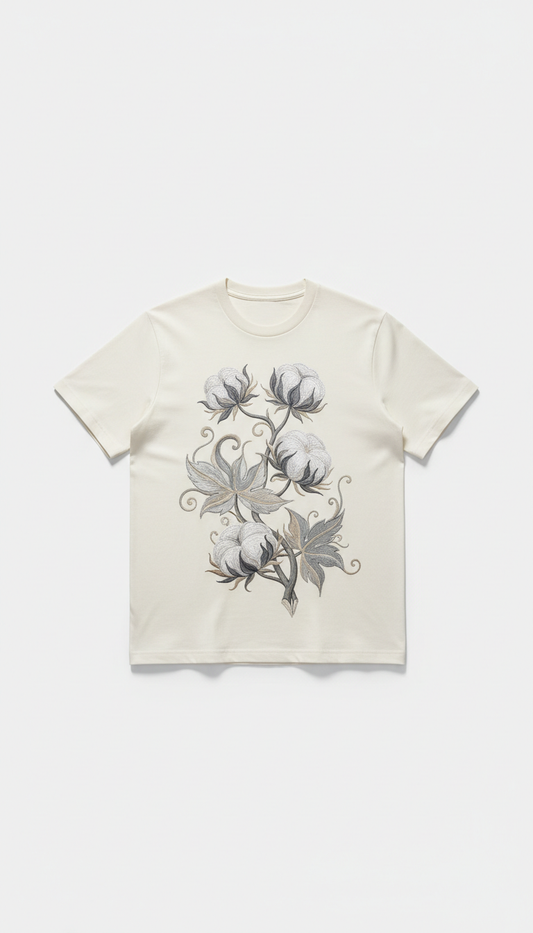 Capture a customized Cotton Elegance graphic tee, providing a clear focus. The setup should be minimalistic with a soft...