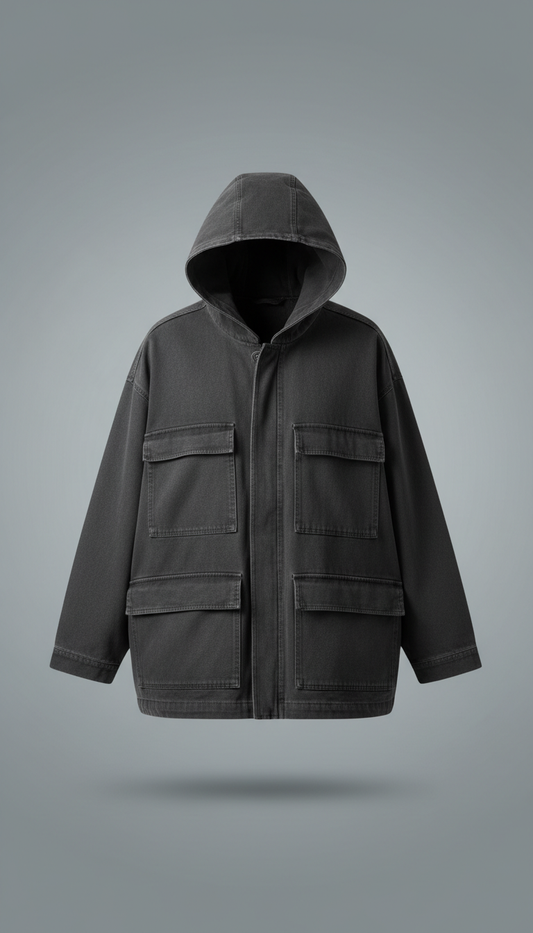 Photograph a unisex streetwear jacket, centered against a 'Concrete Gray' background. The lighting should be soft and...