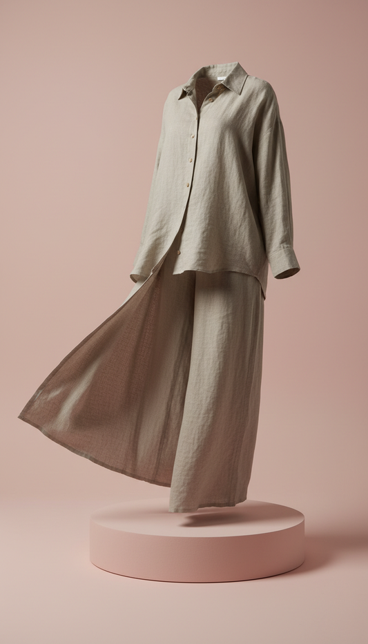 Photograph a stone linen two-piece set in a 3/4 angle that showcases its fit and flow. The background is a soft Blush...