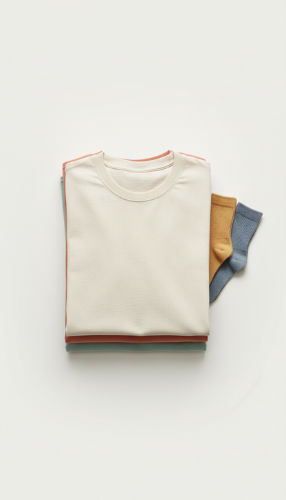 Basic cotton crewneck tee, socks slightly overlapped—to show texture and quality. Shadows are soft; background is free of...