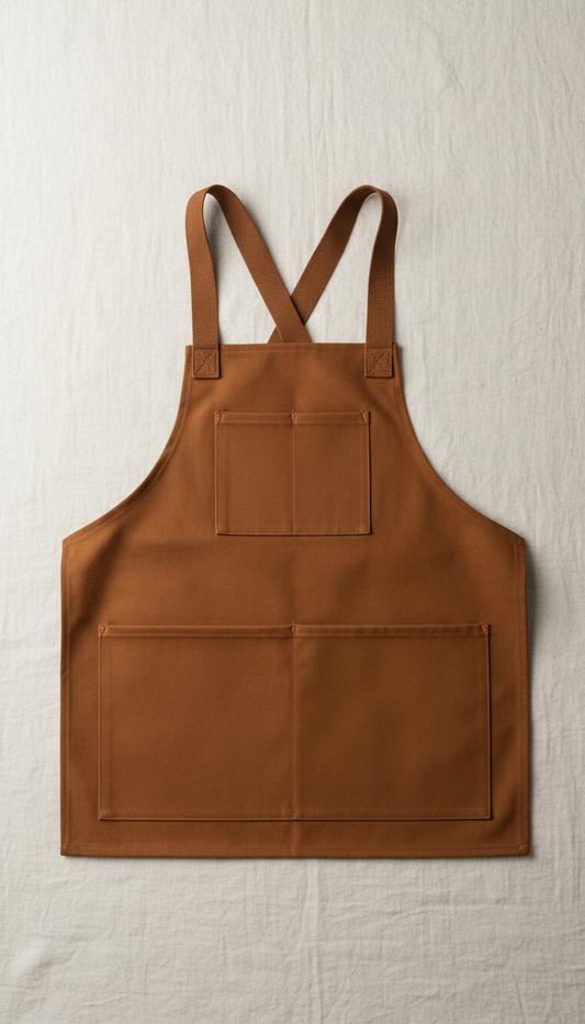 A straight-on, perfectly centered shot of a Saddle Brown marine-grade apron, no brand names, no text, no trademarks