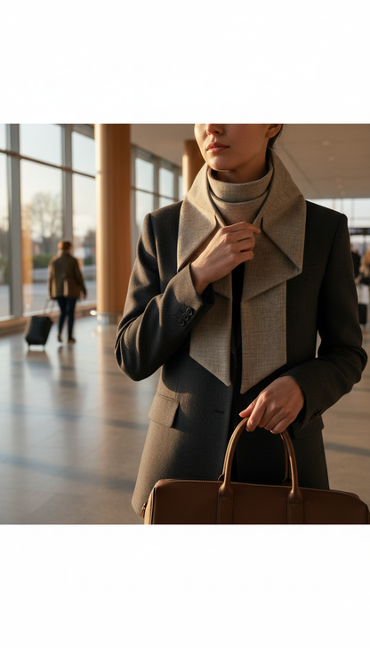 Stone Linen Tailored Scarf in use