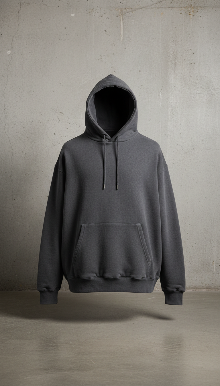 A perfectly centered product shot of a Charcoal Gray heavyweight hoodie at eye-level with a slight angle, highlighting...