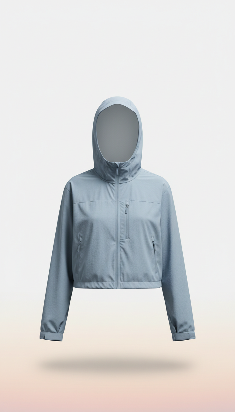 Cropped misty sky jacket, Single product at a time—3/4 angle or perfect side profile on matte plinths in Soft Dawn Peach...