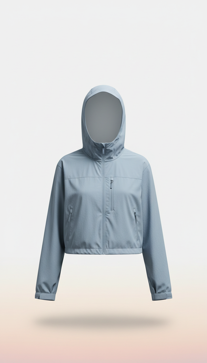 Cropped misty sky jacket, Single product at a time—3/4 angle or perfect side profile on matte plinths in Soft Dawn Peach...