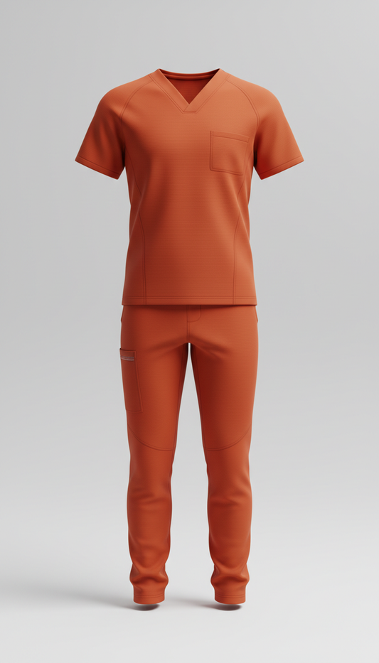 A pair of high-tech scrubs in Orange Red are displayed front and center against a neutral backdrop. The lighting is soft,...