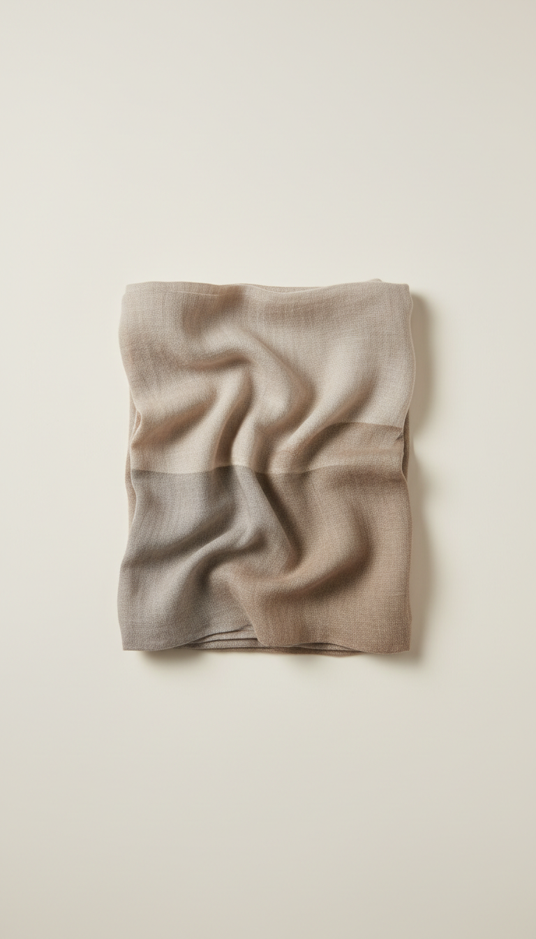 Earth linen scarf, Hero angle is 3/4 slightly above tabletop for depth and context; items grouped naturally as if mid-use...