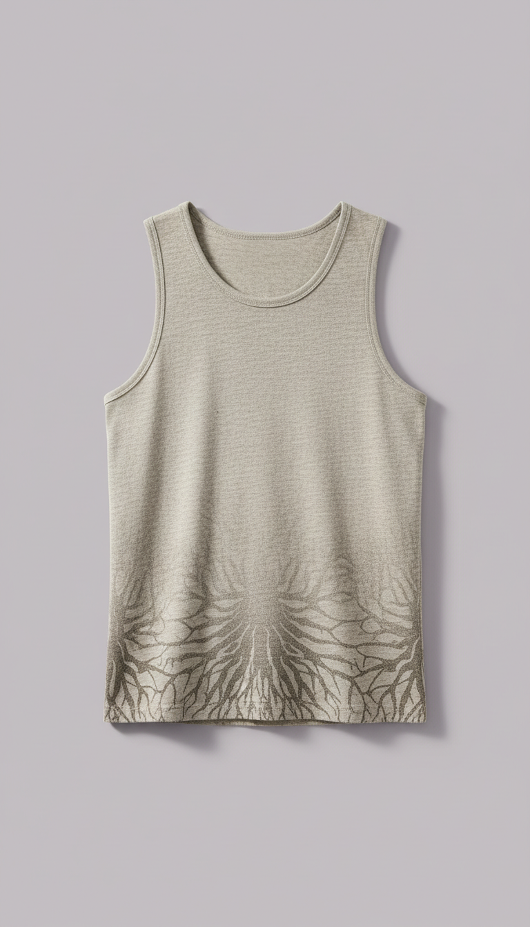 Men's rooted tank, Natural-light product shots at a three-quarter angle on clean but textural surfaces (e.g., linen-draped...