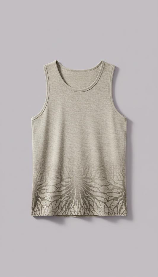 Men's rooted tank, Natural-light product shots at a three-quarter angle on clean but textural surfaces (e.g., linen-draped...