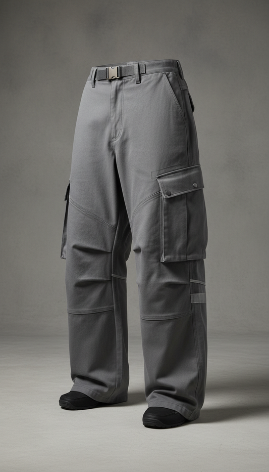 Capture industrial grey cargo pants at a 3/4 angle on a clean industrial grey backdrop. Center the pants in the frame,...