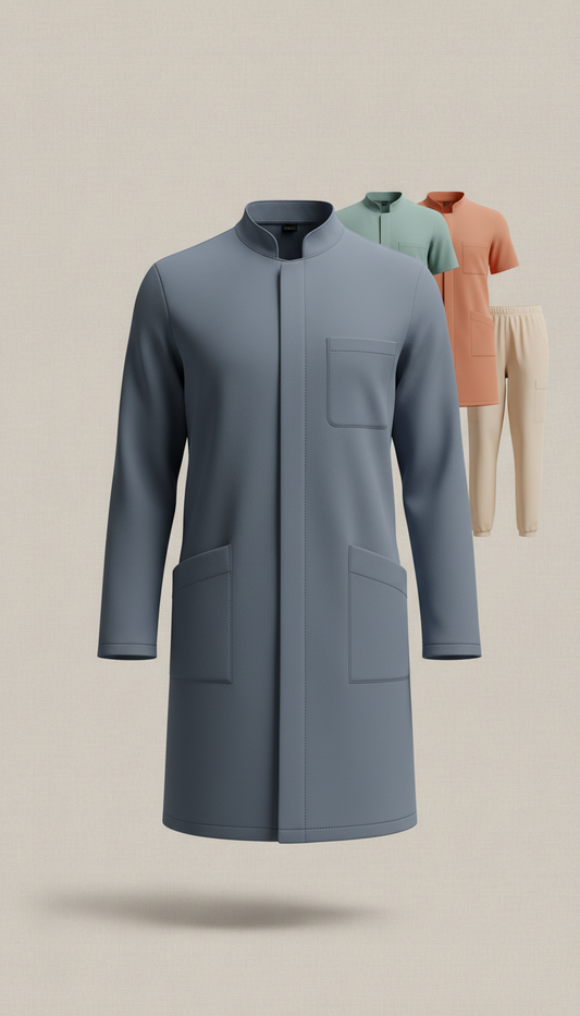 Modern wrinkle-resistant lab coat, Three-quarter angle product shots on neutral Soft Beige backdrops with subtle linen...