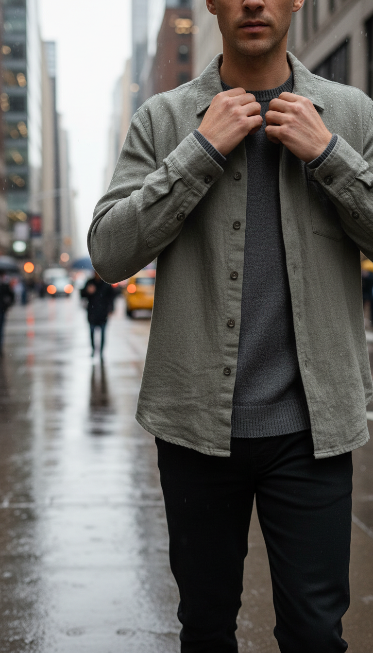 Moss grey linen overshirt in use