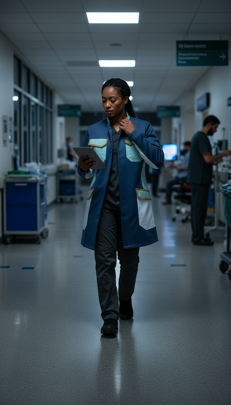 Modular lab coat with detachable panels in use