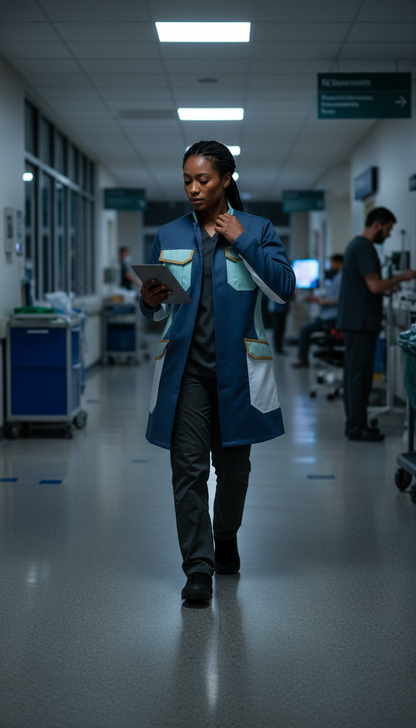 Modular lab coat with detachable panels in use