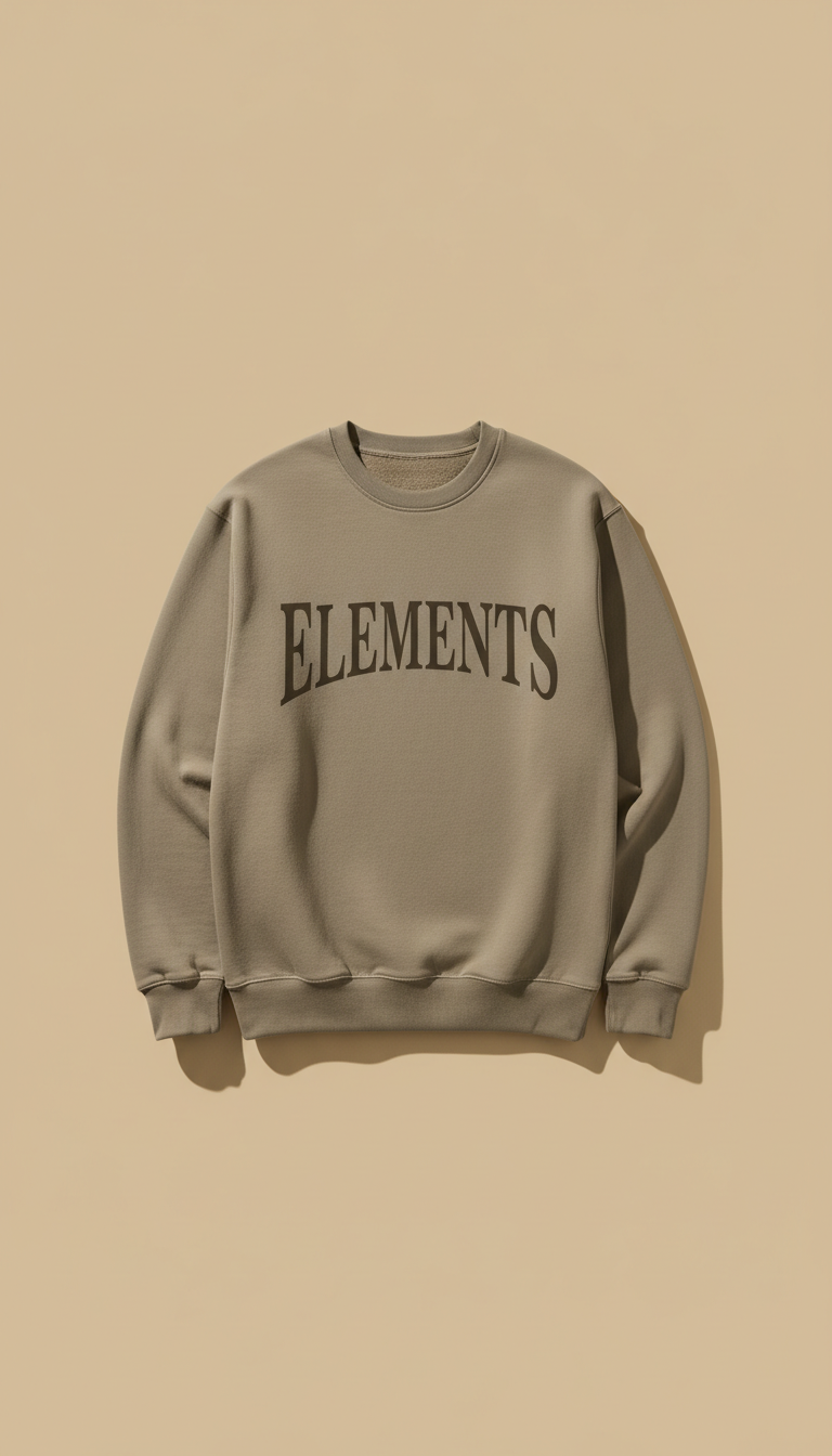 Stone Taupe premium cotton crewneck sweatshirt with serif logo, Hero angle is 3/4 front-facing on hats and apparel laid...