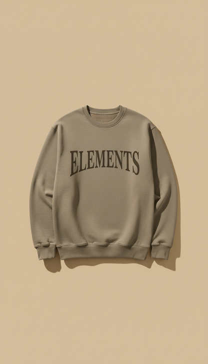 Stone Taupe premium cotton crewneck sweatshirt with serif logo, Hero angle is 3/4 front-facing on hats and apparel laid...