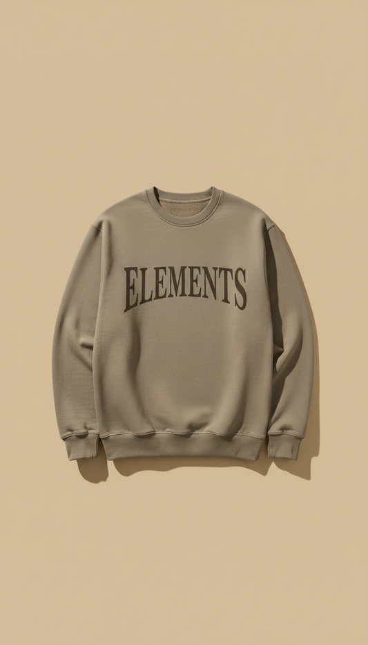 Stone Taupe premium cotton crewneck sweatshirt with serif logo, Hero angle is 3/4 front-facing on hats and apparel laid...