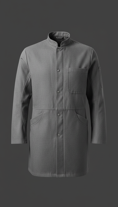 A durable lab coat displayed against a plain 'Charcoal Grey' background. The product is perfectly centered with soft,...