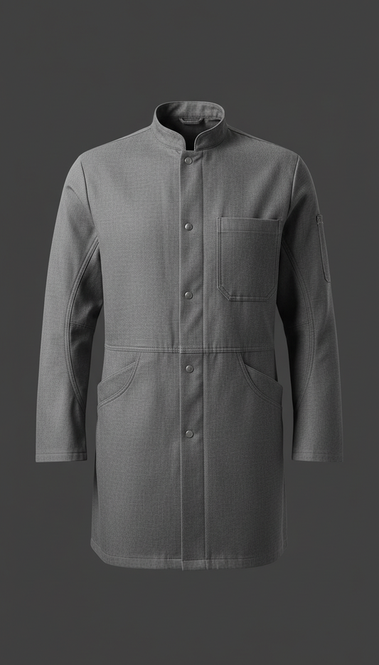 A durable lab coat displayed against a plain 'Charcoal Grey' background. The product is perfectly centered with soft,...