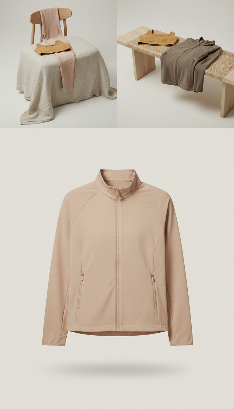Pale Stone lightweight technical jacket, Products styled as if awaiting use: leggings draped over a chair back, sports bra...