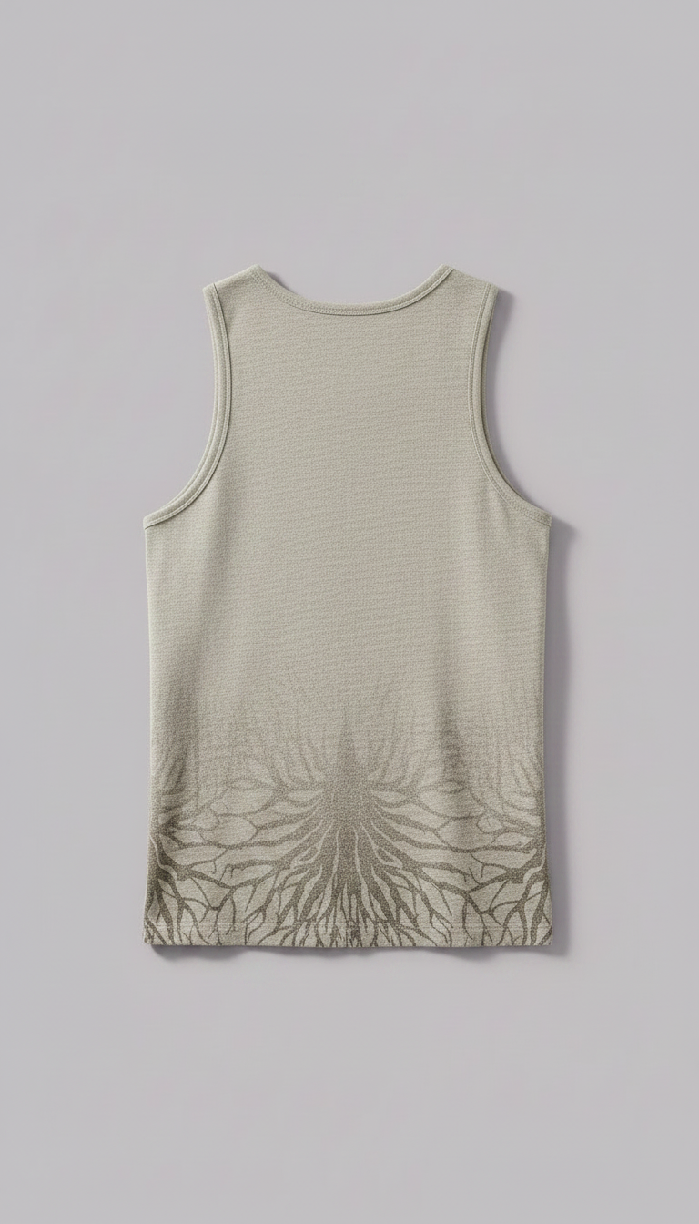 Alternate angle view of Men's Rooted Tank Script Detail
