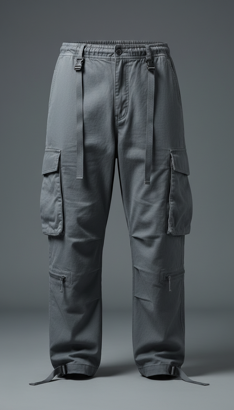 Slate Gray streetwear pants displayed front-on against a clean Slate Gray background. The pants are perfectly centered in...