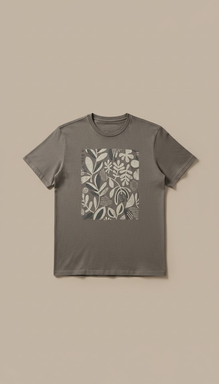 A custom print cotton tee in Charcoal Whisper, perfectly centered on a neutral warm taupe background. Shot with a 50mm...