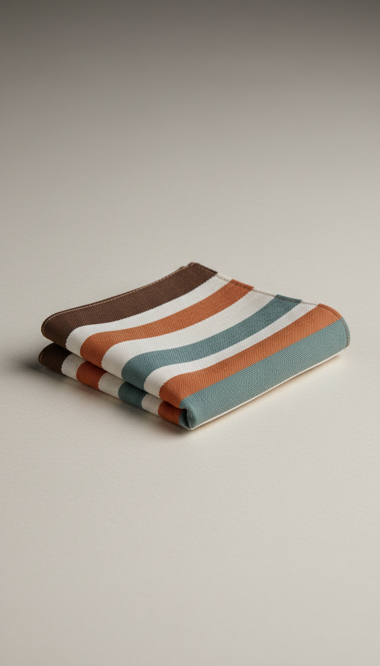 Burnt Ochre Modernist Stripe Cotton Pocket Square, 3/4 angle on pocket squares—either in situ (tucked in blazer pocket) or...