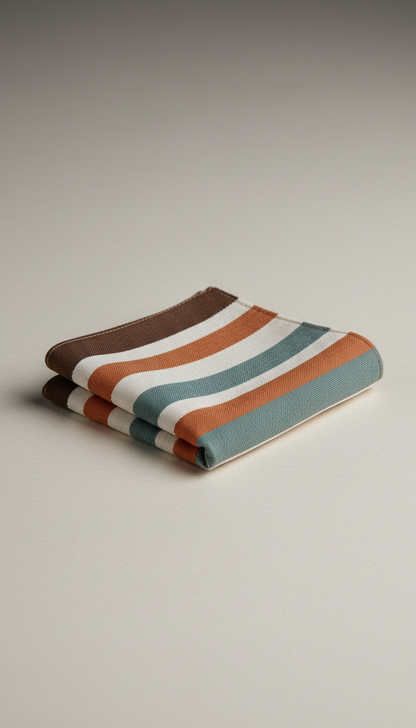 Burnt Ochre Modernist Stripe Cotton Pocket Square, 3/4 angle on pocket squares—either in situ (tucked in blazer pocket) or...