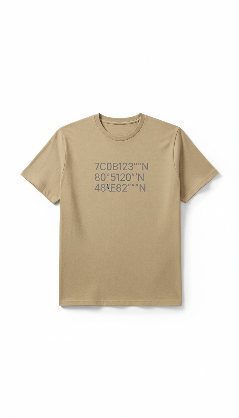 Desert Sand premium cotton tee with tonal Urban Grey map coordinates print, Default angle is straight-on chest-high (for...