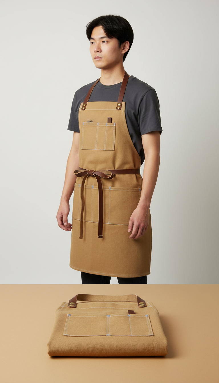 Bartender utility apron in Sand with utility pockets, Single-apron shots on model at 3/4 angle (slight turn from...
