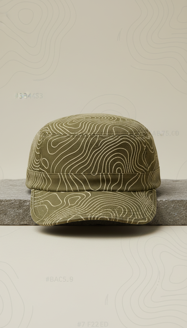 Topo-lined canvas utility cap, Default angle is a three-quarter product portrait shot at eye-level against a neutral...