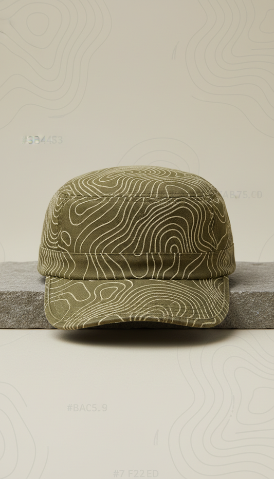 Topo-lined canvas utility cap, Default angle is a three-quarter product portrait shot at eye-level against a neutral...