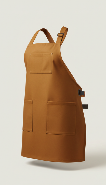 Warm Caramel apron, Opt for a 3/4 angle that captures the garment's fit and its functional details like pockets....