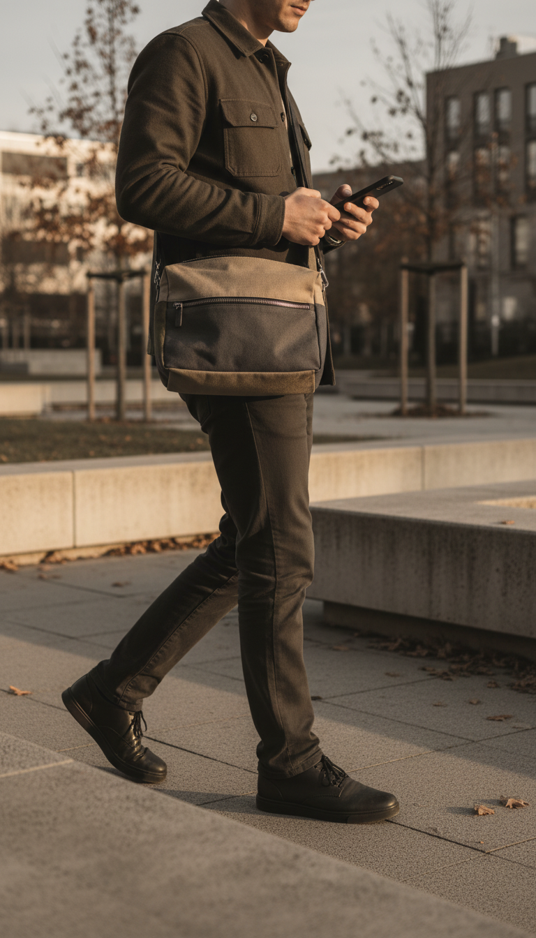 Cotton canvas crossbody with zip closure in use