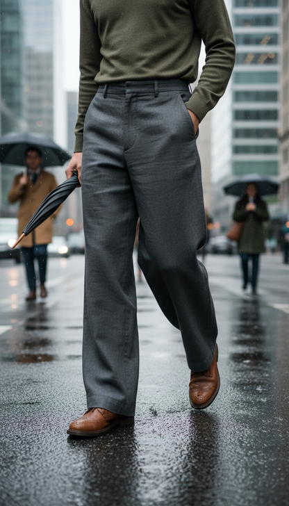 Linen Trousers in Graphite Gray in use
